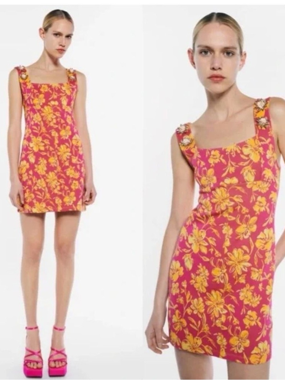 NWT Zara Pink and Yellow Floral Embellished Mini Dress